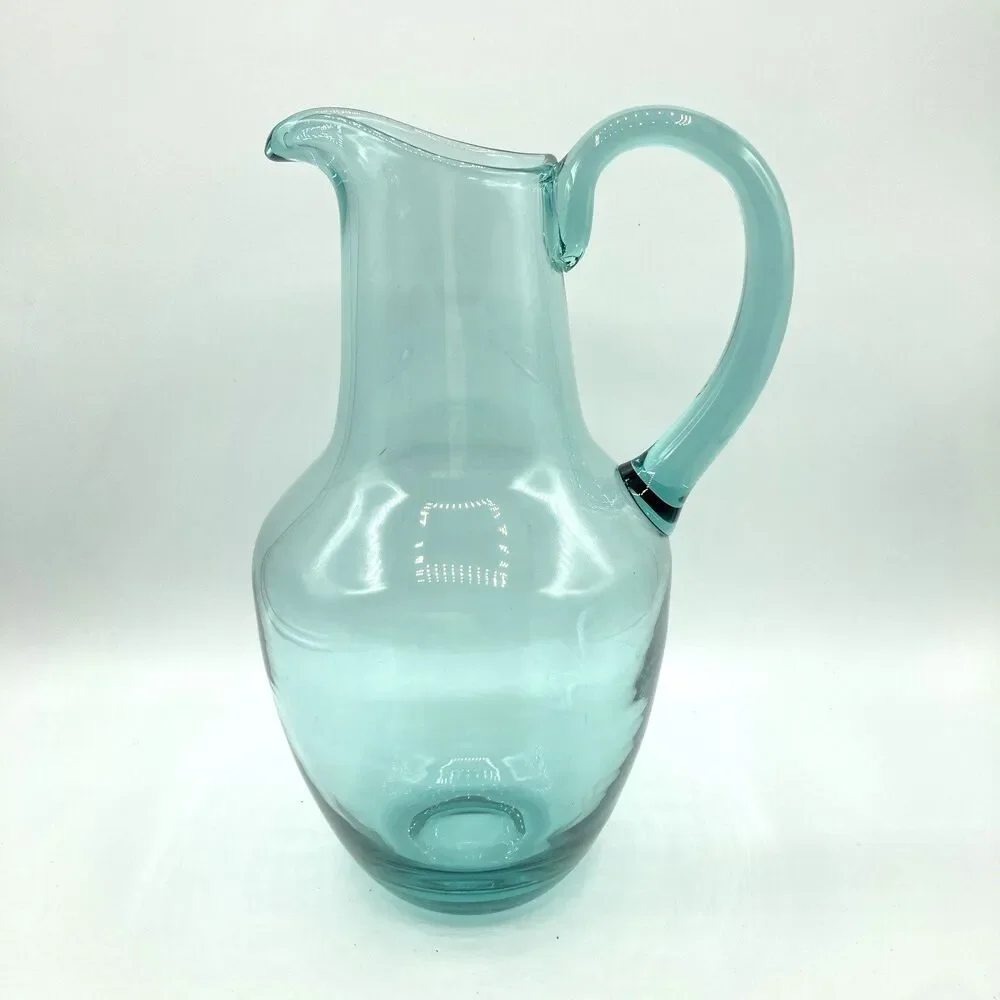 Vintage Handblown Blue Glass Pitcher Applied Handle Narrow Neck 10 1/2
